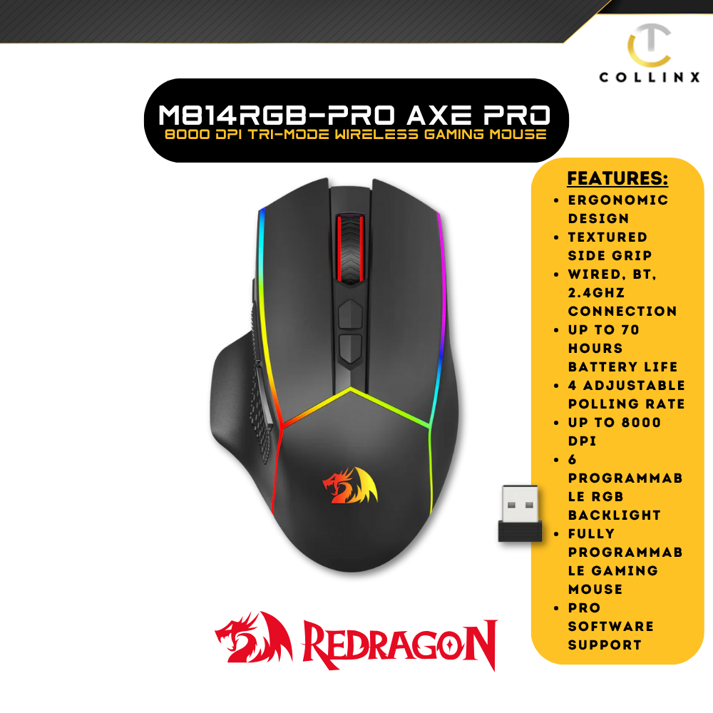 Redragon M814RGB-PRO Axe Pro RGB 8000 DPI Tri-Mode Wireless Gaming Mouse