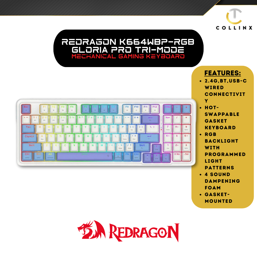 Redragon K664WBP-RGB-PRO Gloria Pro Tri-Mode Mechanical Gaming Keyboard