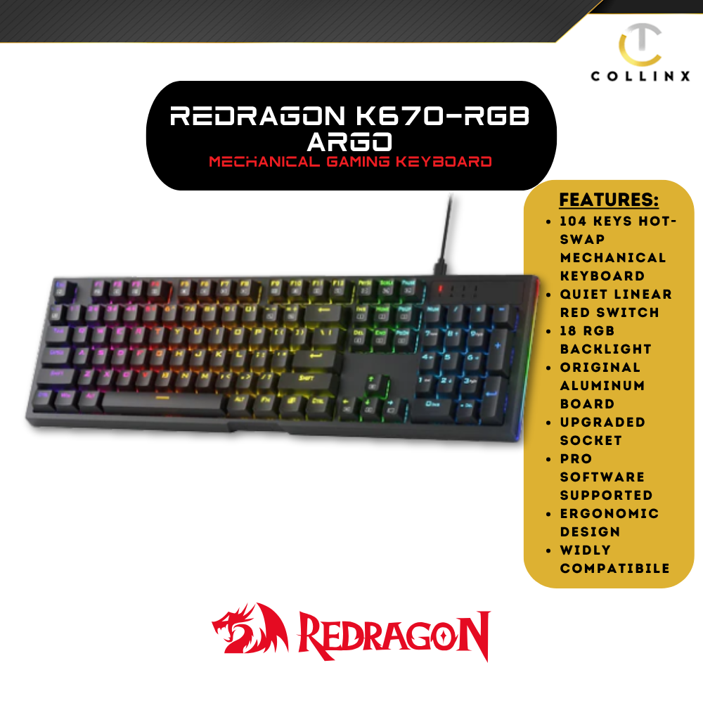 Redragon K670-RGB Argo Wired Mechanical Gaming Keyboard (Red Switch)