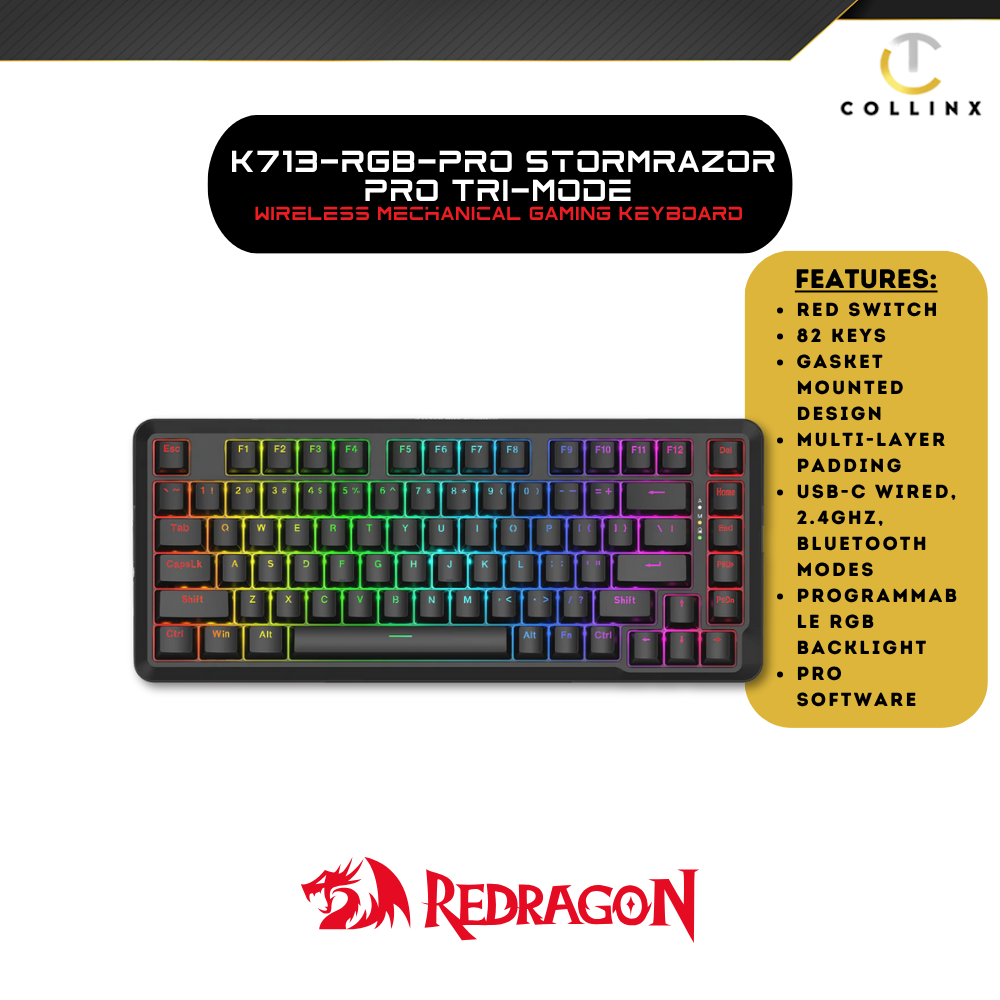 Redragon K713-RGB-Pro Stormrazor Pro RGB Tri-Mode Mechanical Gaming Keyboard